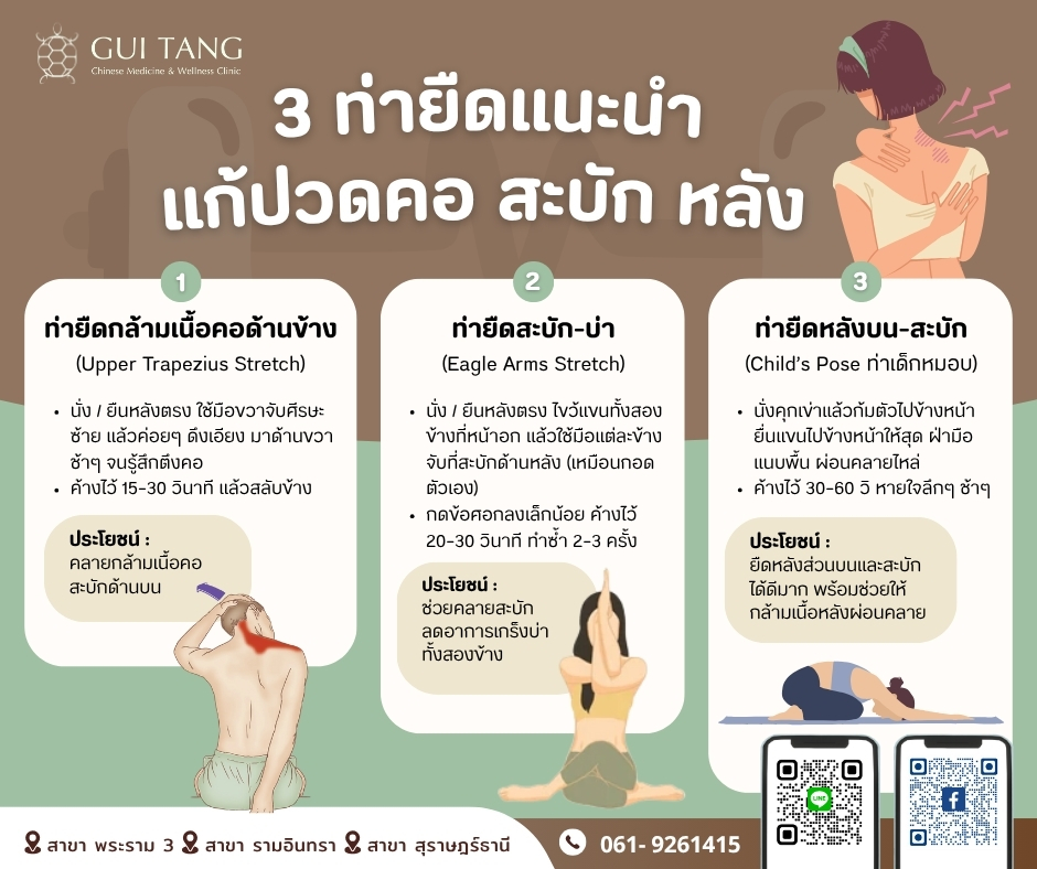 3 ท่ายืดแนะนำ แก้ปวดคอ สะบัก หลัง